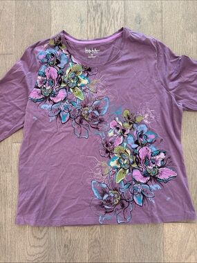 Vibrant Purple Floral Women’s 1X‎ Nicole Miller 3/4 Sleeve Cowl Neck Sequins Top